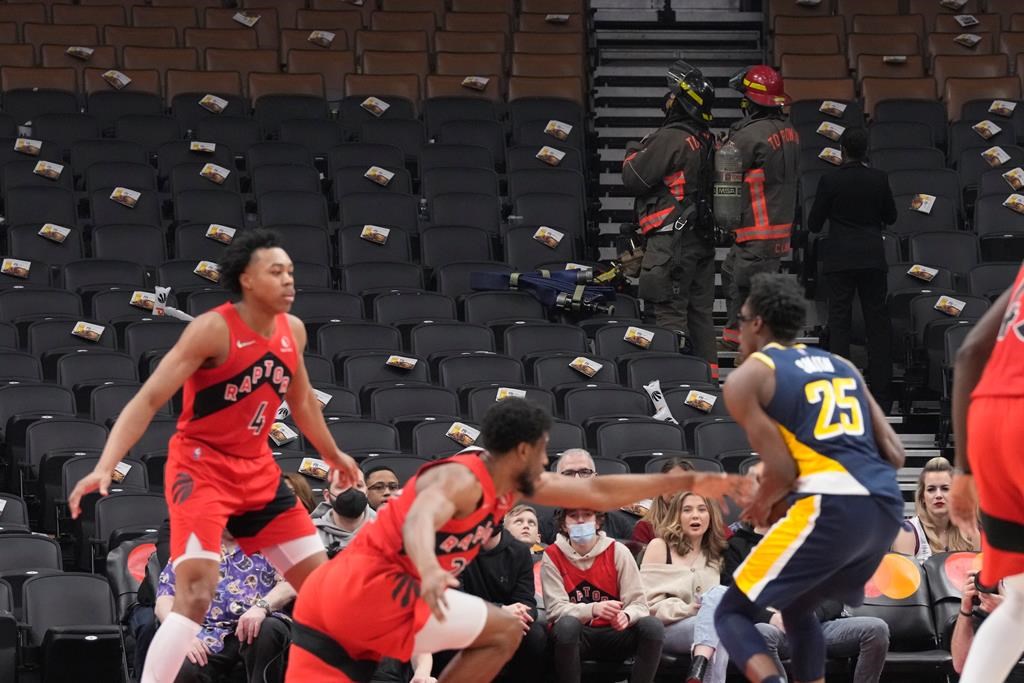 Raptors game vs. Indiana suspended due to speaker fire, resumes without fans