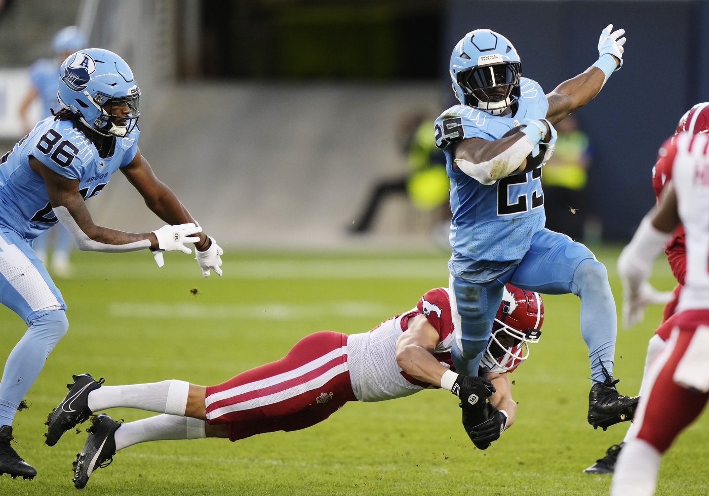 DaShaun Amos. Janarion Grant score key TDs to rally Argos past Stampeders 39-25