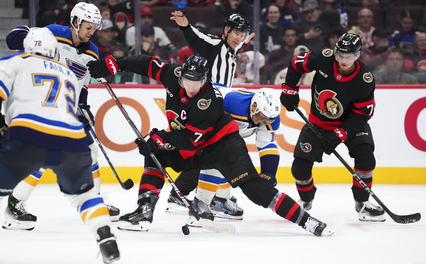 Senators crank up offensive power, whip Blues 8-1